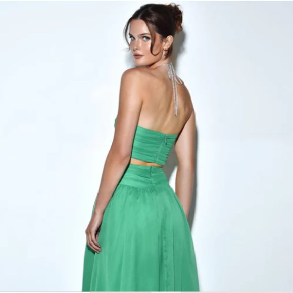 Miss Circle Quinby Green Silk Pleated Lace Up Maxi Dress, Criss-Cross Halter- XS - Picture 5 of 5